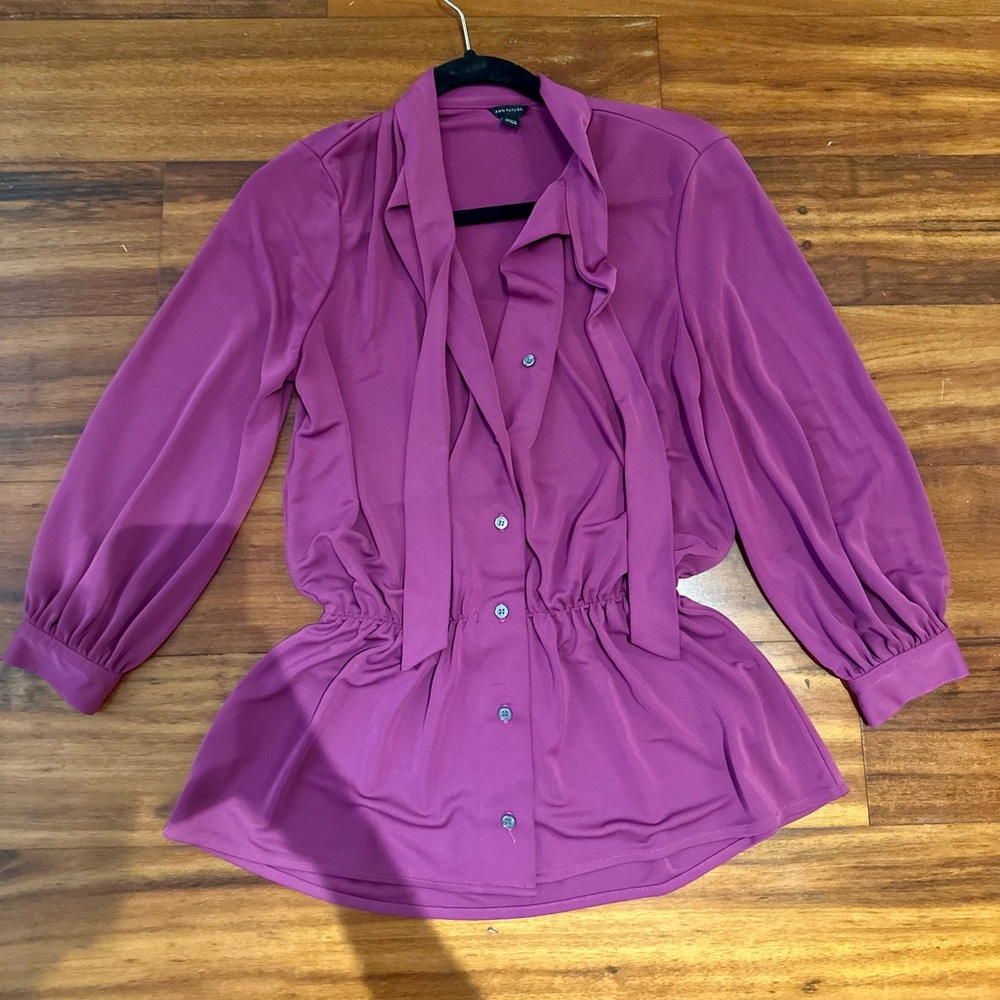 Ann Taylor Magenta Cinched Waist Stretchy Blouse